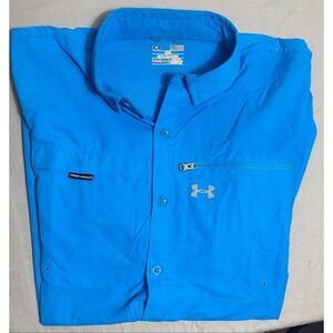 Under Armour Shirt Mens XL Blue Button Down Zip Pocket Vented Heat Gear